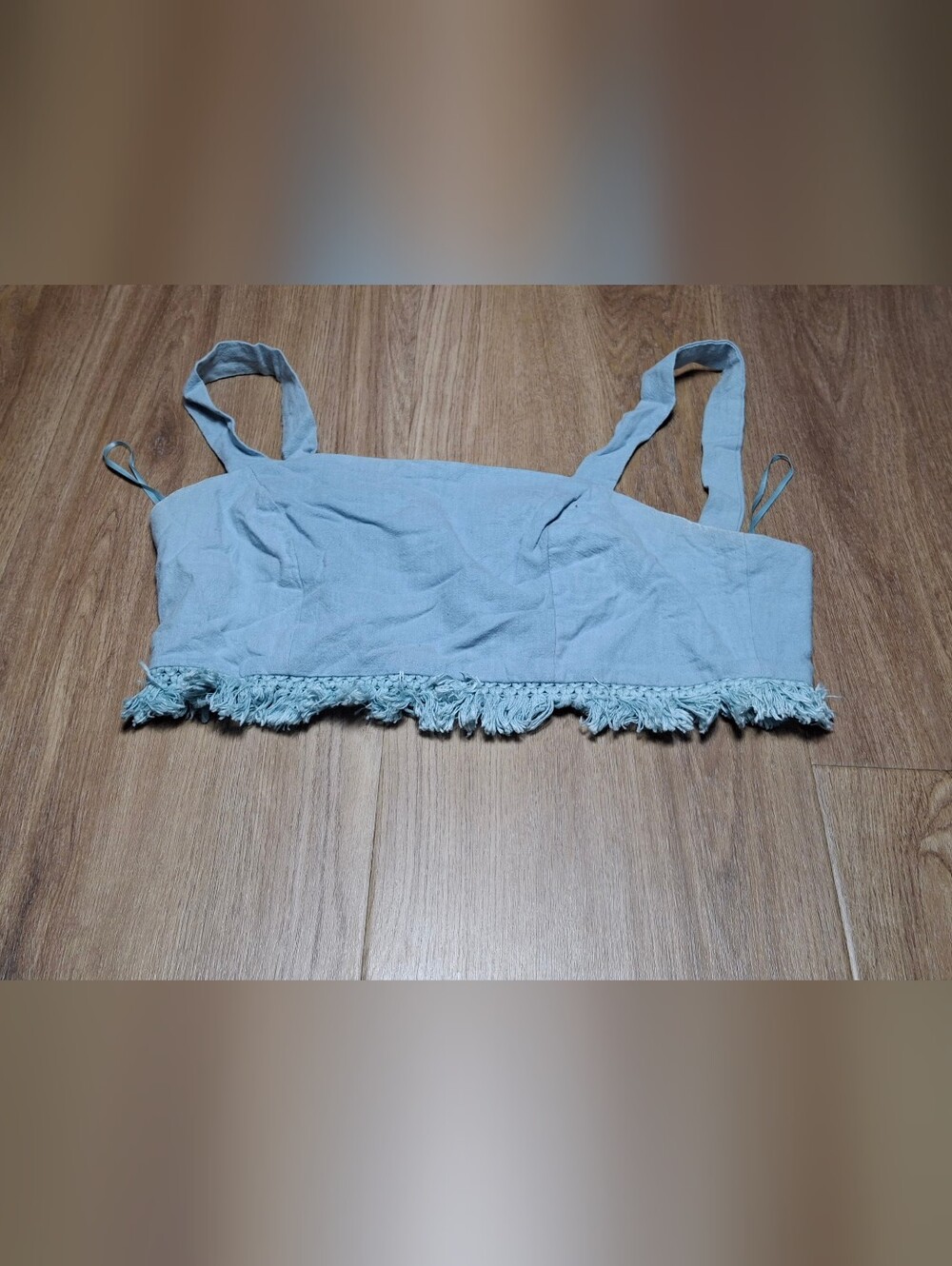 Womens Boho western festival Blue Blush Light Blue Fringed Crop Top Size S.